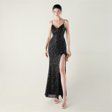 Women beaded tube sequin spaghetti strap cross lace-up evening slit evening dress