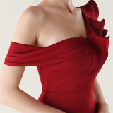 Women ruffled one-shoulder beaded fishtail formal party evening dress