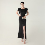 Women beaded tube V neck ruffle draped bead chain bead formal party evening dress