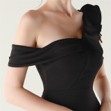 Women ruffled one-shoulder beaded fishtail formal party evening dress