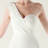 Women sexy and elegant evening beaded one-shoulder slit evening dress