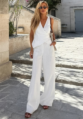 Women White V-Neck Lace-Up Vest and Pants Two Piece Set