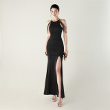 Women beaded off-shoulder one-shoulder slit evening dress