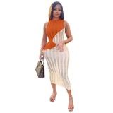 Women Sexy Sleeveless Knitting Color Block Dress