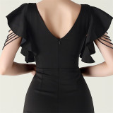 Women beaded tube V neck ruffle draped bead chain bead formal party evening dress