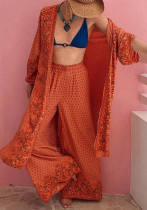 Women  Spring Summer Print Top and Wide Leg Pants Two Piece Set