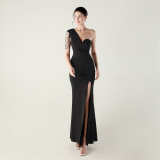 Women sexy and elegant evening beaded one-shoulder slit evening dress
