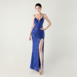 Women beaded tube sequin spaghetti strap cross lace-up evening slit evening dress