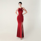 Women beaded off-shoulder one-shoulder slit evening dress