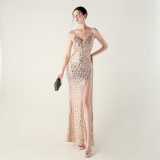 Women beaded tube sequin spaghetti strap cross lace-up evening slit evening dress
