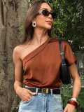 Women Spring Summer Irregular Collar Satin Off-Shoulder T-Shirt Top