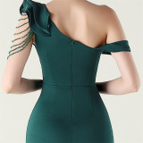 Women ruffled one-shoulder beaded fishtail formal party evening dress