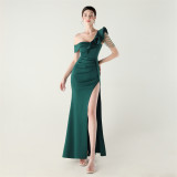 Women pleated one-shoulder beaded ruffle fishtail formal party evening dress