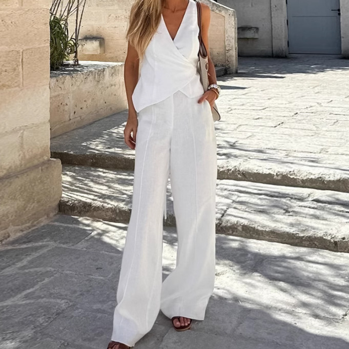 Women White V-Neck Lace-Up Vest and Pants Two Piece Set