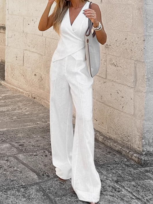 Women White V-Neck Lace-Up Vest and Pants Two Piece Set
