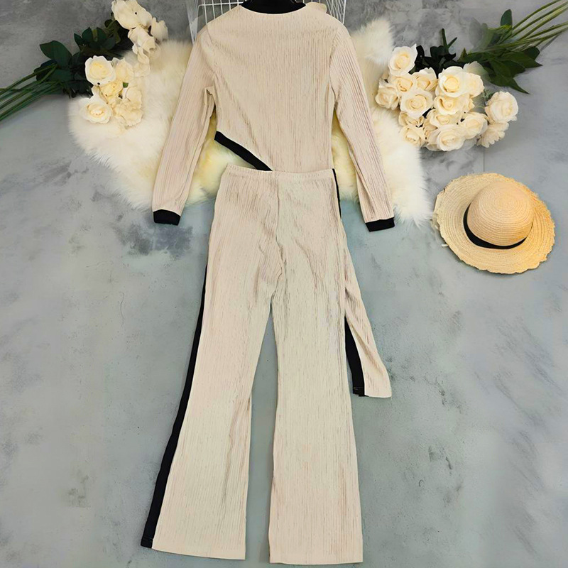 Women Round Neck Contrast Color Long Sleeve Top and Pants Casual Two Piece Set