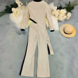 Women  Round Neck Contrast Color Long Sleeve Top and Pants Casual Two Piece Set