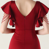 Women beaded tube V neck ruffle draped bead chain bead formal party evening dress