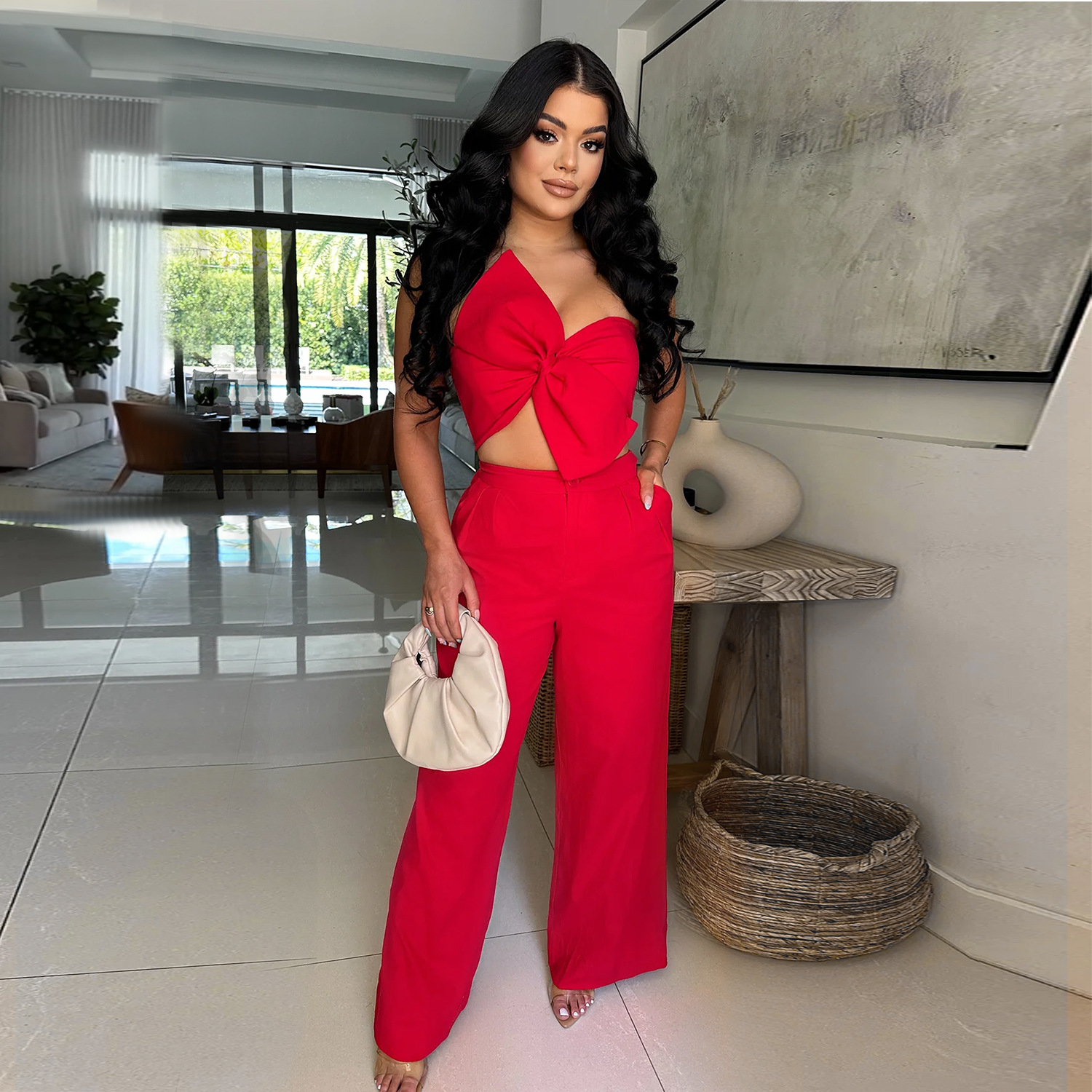 Women Sexy Bowknot Top and Pants Two Piece Set