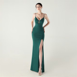 Women fishbone lace-up V neck suspender sexy formal party fishtail evening dress