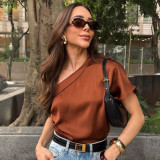 Women Spring Summer Irregular Collar Satin Off-Shoulder T-Shirt Top