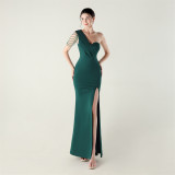 Women sexy and elegant evening beaded one-shoulder slit evening dress