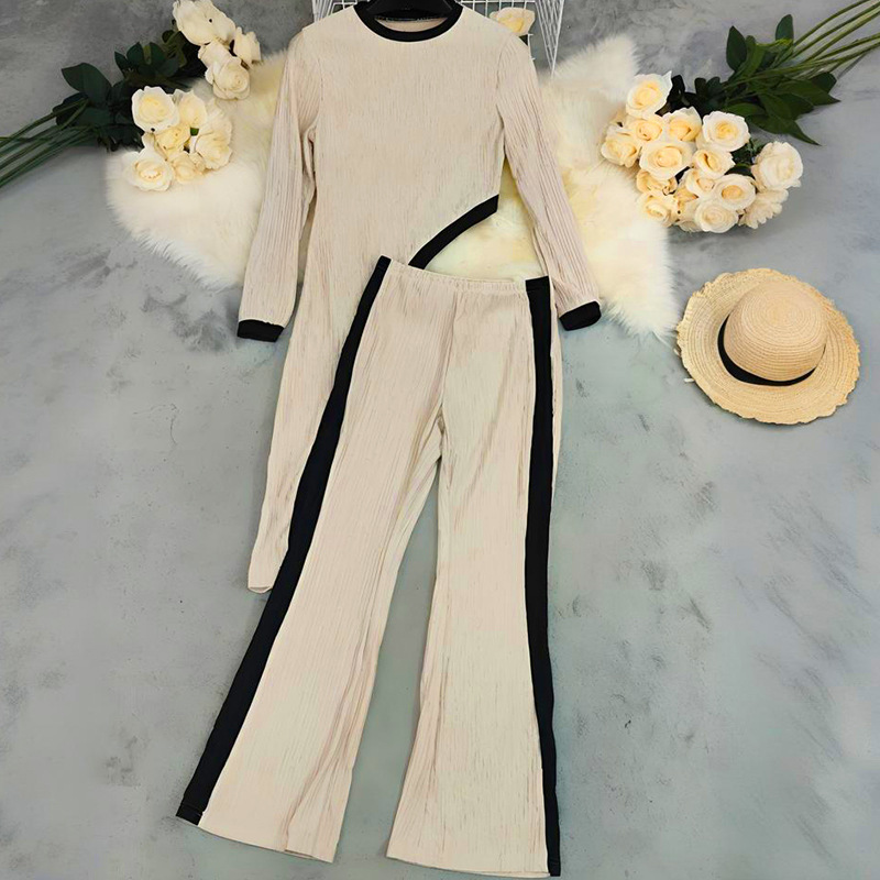 Women Round Neck Contrast Color Long Sleeve Top and Pants Casual Two Piece Set