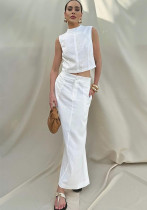 Women Spring Summer White Sleeveless Stand Collar Top and Slit Long Skirt Two Piece Set