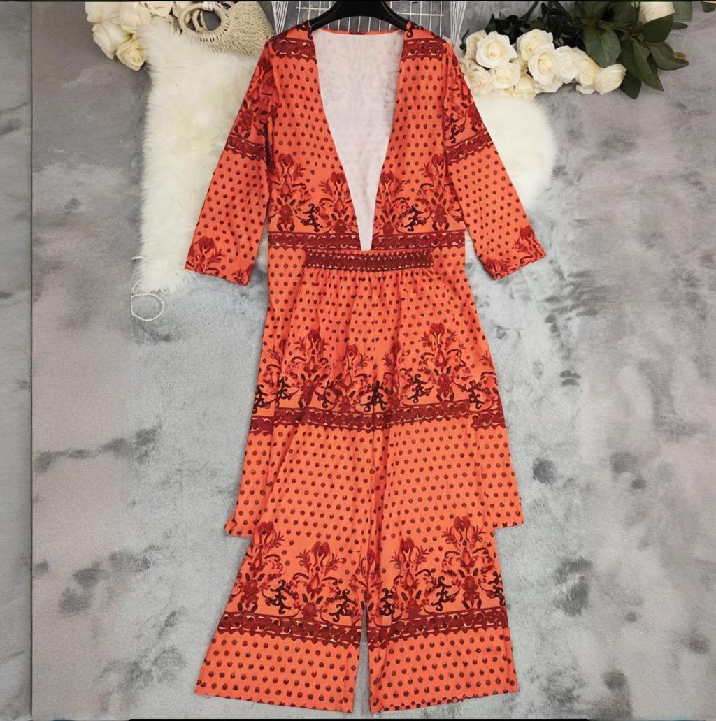 Women Spring Summer Print Top and Wide Leg Pants Two Piece Set