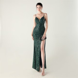Women beaded tube sequin spaghetti strap cross lace-up evening slit evening dress