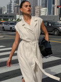 Women French Turndown Collar Belt Dress