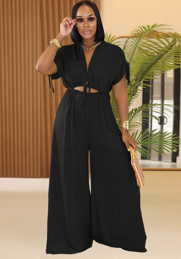 Women Casual Solid V Neck Lace Wide Leg Jumpsuit