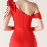 Women ruffled one-shoulder beaded fishtail formal party evening dress