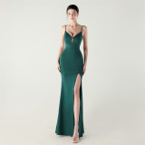 Women fishbone lace-up V neck suspender sexy formal party fishtail evening dress