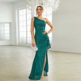 Women one shoulder slash shoulder bodycon sequins slit formal party evening dress