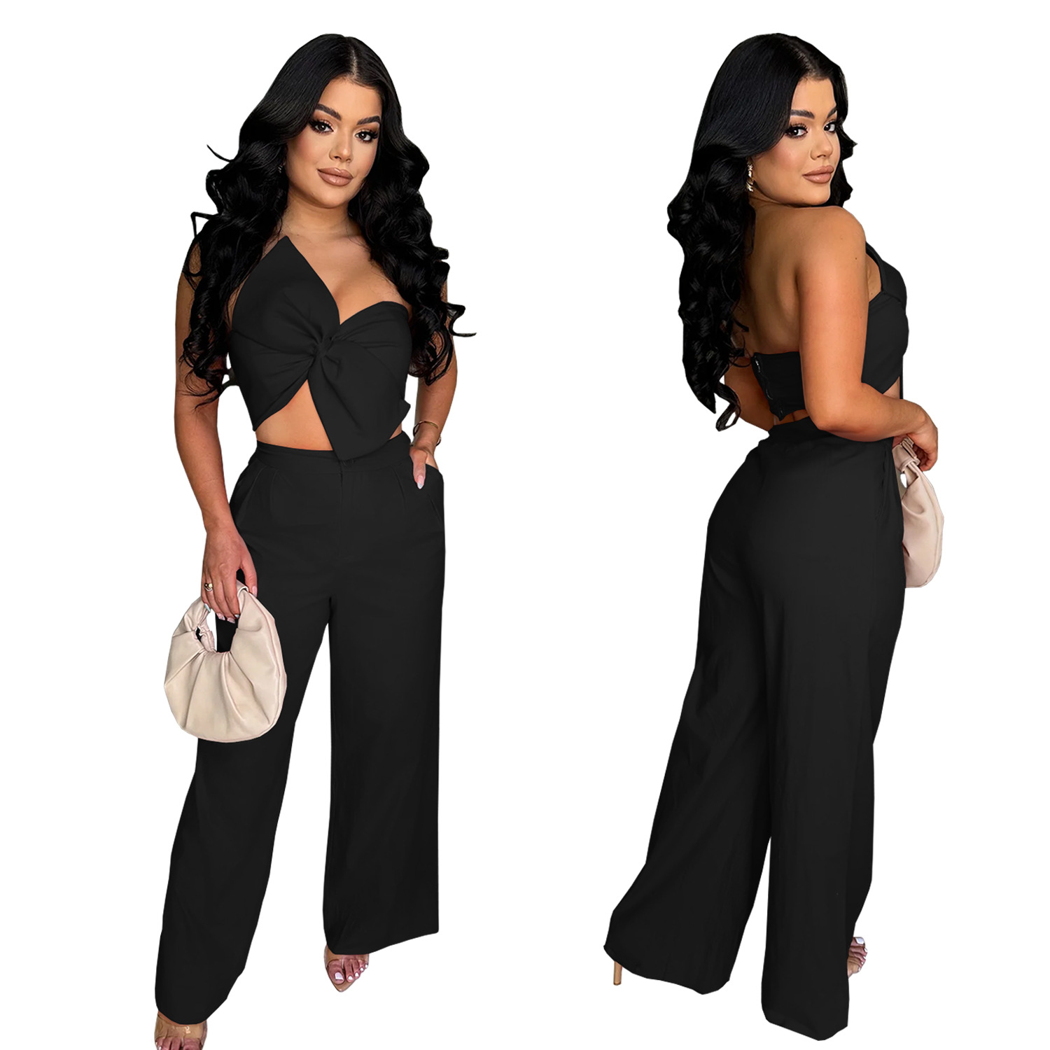 Women Sexy Bowknot Top and Pants Two Piece Set