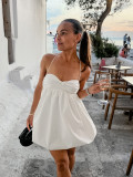 Women Spring and Summer Casual White Sexy Suspender V-Neck Dress