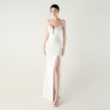 Women fishbone lace-up V neck suspender sexy formal party fishtail evening dress