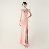 Women sexy and elegant evening beaded one-shoulder slit evening dress
