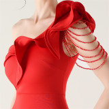 Women ruffled one-shoulder beaded fishtail formal party evening dress