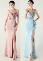 Women beaded tube pleated waist bow embroidery formal party evening dress Women beaded tube pleated waist bow embroidery formal party evening dress