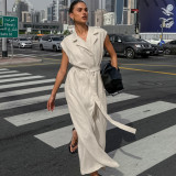 Women French Turndown Collar Belt Dress