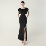 Women beaded tube V neck ruffle draped bead chain bead formal party evening dress