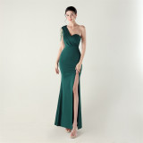 Women sexy and elegant evening beaded one-shoulder slit evening dress