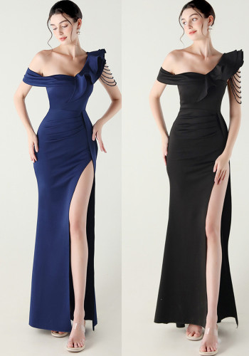Women pleated one-shoulder beaded ruffle fishtail formal party evening dress