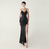 Women beaded tube sequin spaghetti strap cross lace-up evening slit evening dress