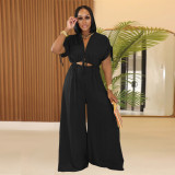 Women  Casual Solid V Neck Lace Wide Leg Jumpsuit
