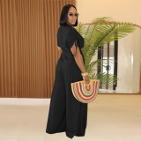 Women  Casual Solid V Neck Lace Wide Leg Jumpsuit