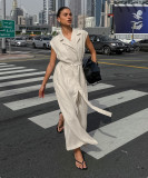 Women French Turndown Collar Belt Dress