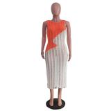 Women Sexy Sleeveless Knitting Color Block Dress